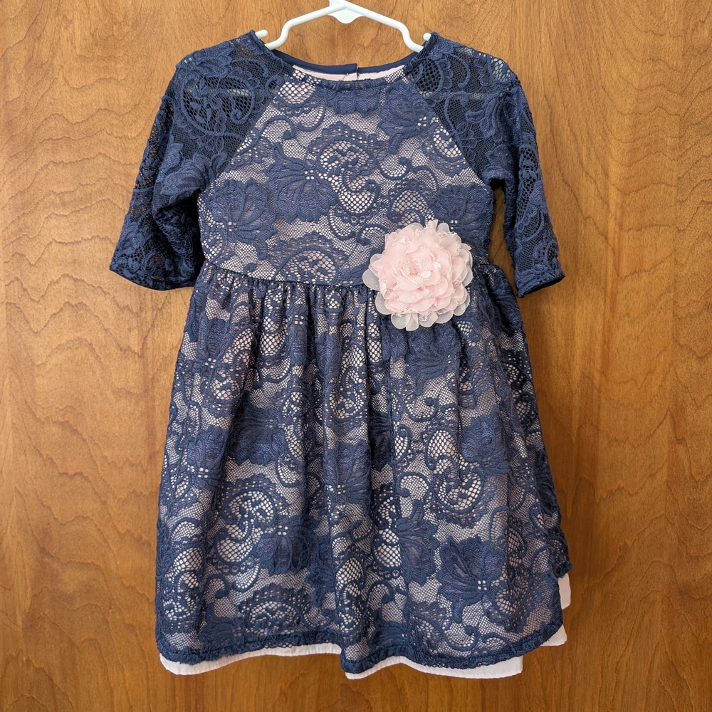 Laura Ashley London Navy Blue Lace Dress with Pink 🌸